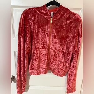 Fabletics Velvet Bomber Jacket in Soft Red